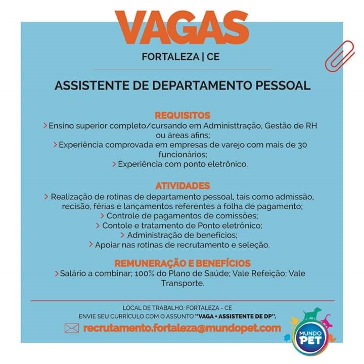 Vaga Assistente de RH em Fortaleza/Ce