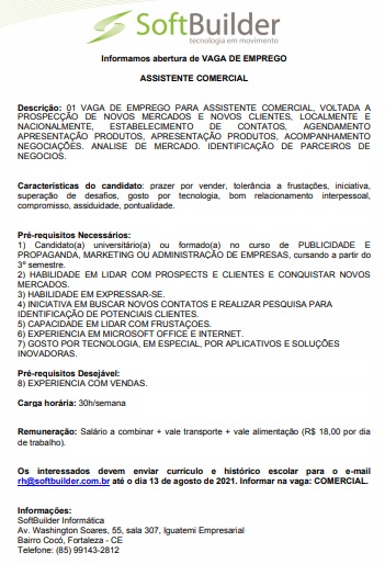 Vaga Assistente de RH em Fortaleza/Ce